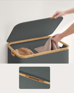 SONGMICS LCB519GN01 - Wasmand met Deksel - 2 Compartimenten - Opvouwbaar en Bamboe Frame — thumbnail 4