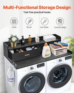 Wasmachine Ombouw met Lade & Opbergrek – Wasdroger Aanrecht – Wasmachine Verhoger met Werkblad en Haken – Wasruimte Organizer – 134x70 cm – Zwart — thumbnail 4