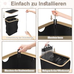 LILIIN 140 l wasmand met deksel, wasverzamelaar, 3 vakken, waszak, smal, opvouwbare wassorteerder, met handgrepen, wasmanden voor bijkeuken, slaapkamer, zwart — thumbnail 2