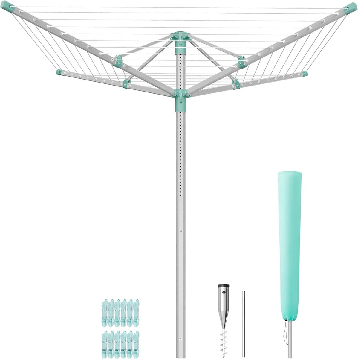 SONGMICS Kleding Luchter Hoogte Verstelbaar Aluminium Legering Buiten Kleding Luchter met Grond Anker Beschermhoes Kleding Handjes Zilver Groen 40m Waslijn 4 Ladingen LLR303EZ01 — afbeelding 1