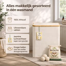 Vellano Wasmand 3 Vakken – Wassorteerder met Deksel – 160L – 3 Uitneembare Waszakken – Bamboe Frame – Incl. Drogerballen & Jasmijn Geurverfrisser — thumbnail 3