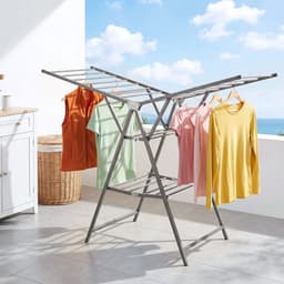 Opvouwbare dubbele wasrek – met hoogteaanpasbare vleugelsteunen – vrijstaand ruimtebesparend ontwerp – geschikt voor het drogen van kleding en beddengoed – geschikt voor binnen en buiten – driedelige wasrek met schoenenrek – grijs — thumbnail 2
