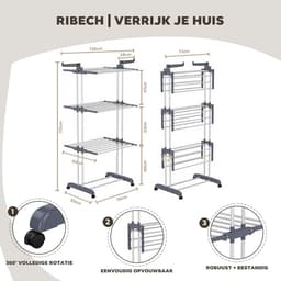 HEZIVO® Droogtoren met Wieltjes - Wasrek Staand - Inklapbaar Droogrek - 4-Laags - RVS - Grijs — thumbnail 2
