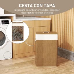 ELYSIVM Wasmand - Wasmand Bamboe - Wasmand met Deksel - Wasmand met Binnenzak - Uitneembare Waszak - Warm Bamboe Design voor Slaapkame / Badkamer - 72 L - 40 x 30 x 60 cm - Bruin / Crème — thumbnail 5