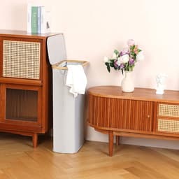 Smalle Wasmand 63L, Smalle Wasmand met Deksel, Lichtgrijze Linnenmand Opvouwbaar met Bamboe Handgrepen en Verwijderbare Zak voor Slaapkamer, Badkamer, Wasruimte — thumbnail 3