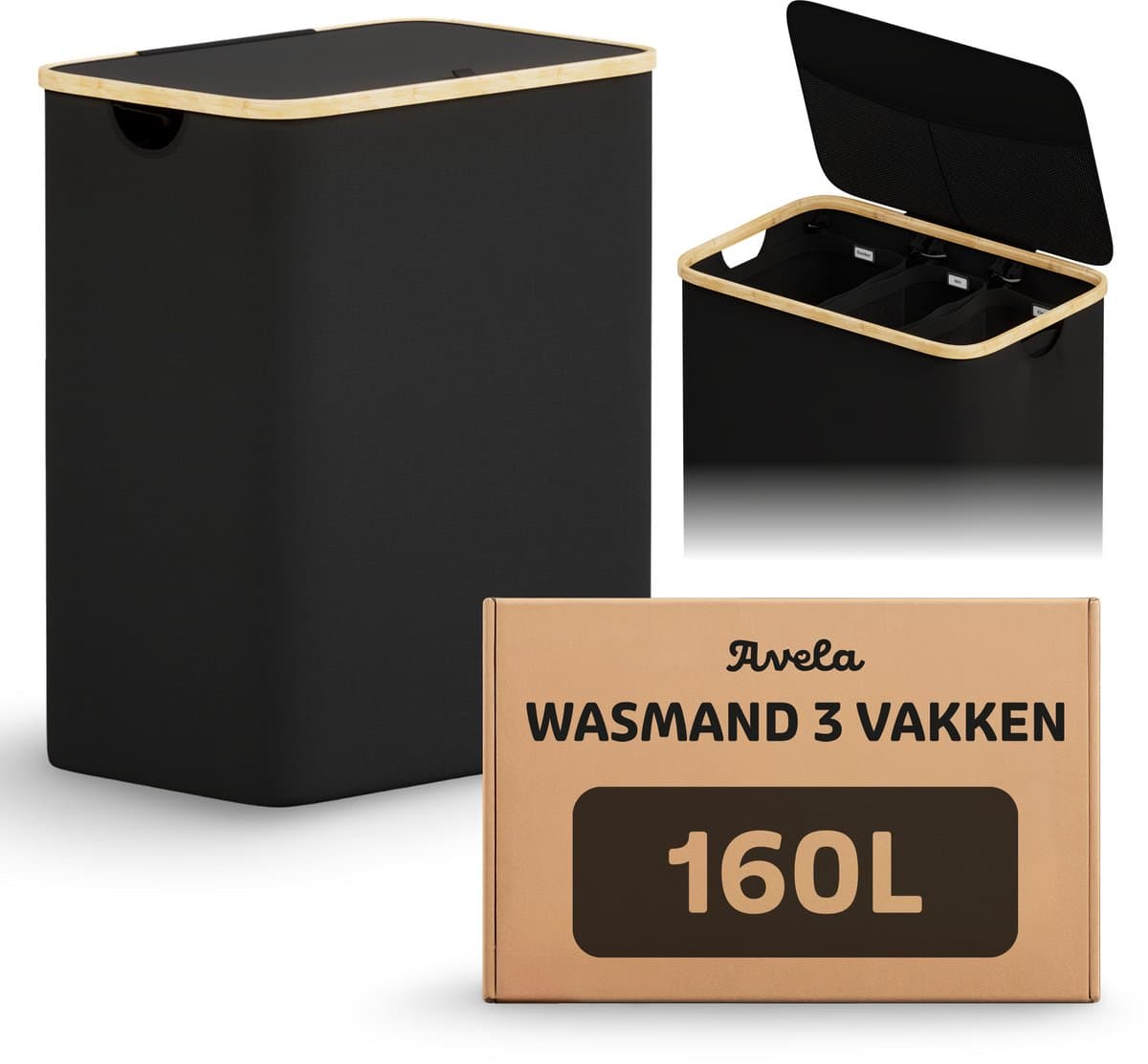 Avela Wasmand 3 vakken met deksel - 160L - Zwart - Wassorteerder — afbeelding 1