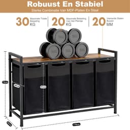 Vierdelige Wasmand 160L – 4 Wasmanden Naast Elkaar Met Metalen Frame en Opbergplank 116×33×72 cm – Wasgoed Organizer — thumbnail 2