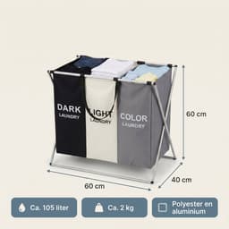 Cheqo® Wasmand met 3 Vakken - Wassorteerder - Opvouwbaar - Sorteren voor Badkamer - Was Organizer - Wasgoed - Donker Licht Kleur - Aluminium Frame - Laundry Basket - Waszak - Inklapbaar - Wasbox - Stevig voor Slaapkamer en Wasruimte — thumbnail 2