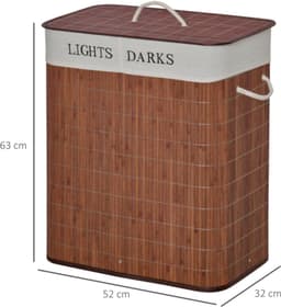 Bamboe Wasmand 100L met Deksel 52x32x63cm Bruin+Wit 2 Vakken Uitneembare Wasbare Katoenen Zak 3 Handgrepen voor Slaapkamer Badkamer — thumbnail 2