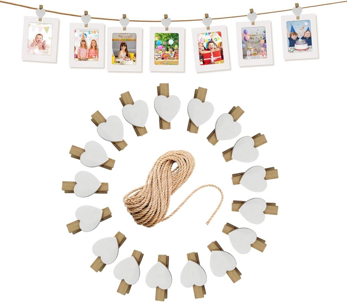 Mini Wasknijpers - Houten Knijpers - Foto's Ophangen - Met Jute Koord - 100 Stuks - Natuurlijk Hout — afbeelding 1
