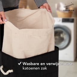 Lexorion Wasmand met Deksel Zwart - Bamboe - Wassorteerder - Wasbare katoenen waszak - Handvatten - 72 Liter - Zwart — thumbnail 4