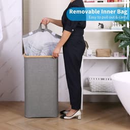 Wasmand Wasmand Met Deksel – 100L Grote Opslagcapaciteit – Opvouwbare Waszak Van Oxford Stof – Bamboe Wasbox Met Handgreep – Met Uitneembare & Wasbare Binnenzak – Grijs/Zwart – Voor Slaapkamer, Badkamer & Wasruimte — thumbnail 4