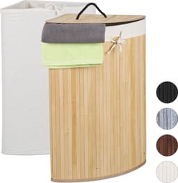 wasmand bamboe - 60 l - opvouwbaar - met deksel en 2 stoffen waszakken - 66 x 49,5 x 37 cm - natuur — thumbnail 5