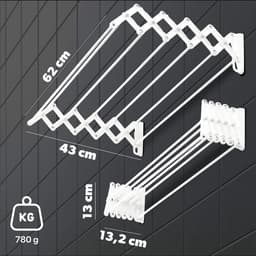 KADAX Wandwasdroger 60 cm, droogrek voor wandmontage, uittrekbare, ruimtebesparende droger voor handdoeken, inklapbare drooglijn met 6 sporten — thumbnail 2
