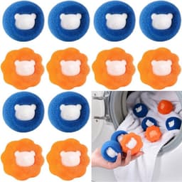 12 stuks - Wasmachinehaarverzamelaar - Wasmachinereinigingsspons - Wasballen - Pluizenfilter - Anti-klit - Herbruikbaar - Voor het verzamelen van dierenhaar en pluisjes - Blauw en oranje - 5 x 5 x 4,2 cm - Geschikt voor wasmachines — thumbnail 1