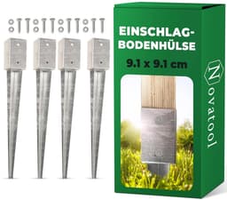 Novatool 4x grondhulsset 91x91x750 mm, grondhuls parasolpaalsteunen schuttingpaal houten paal grondhulzen inslaghuls grondanker grondpen om in te slaan, verzinkt, met schroeven — thumbnail 1