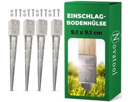 Novatool 4x grondhulsset 91x91x750 mm, grondhuls parasolpaalsteunen schuttingpaal houten paal grondhulzen inslaghuls grondanker grondpen om in te slaan, verzinkt, met schroeven