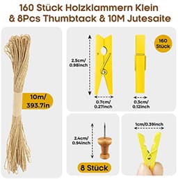 168 Stuks Mini Houten Knijpers voor Foto's met Jute Koord - Ideaal voor Bruiloft Decoratie en DIY Fotowand — thumbnail 3