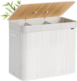 SONGMICS Wasmand met deksel, 3 compartimenten, 170 liter, bamboe wasmand, opvouwbare waszak, afneembaar en machinewasbaar, met handgrepen, voor wasruimte of slaapkamer, wit – LCB013W01 — thumbnail 1