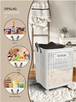 Thuys – Opvouwbare Wasmand – Met Wielen – 67L Grote Kunststof Wasmand – Met Handvat – Duurzame Wasbox En Speelgoed Organizer — thumbnail 2