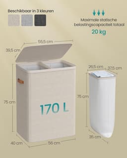 SONGMICS Wasmand, 170 L Vuile wasmand, 2 compartimenten, eenvoudige montage, met deksel en handgrepen, uitneembare binnenzakken, 56 x 40 x 75 cm, Cappuccino Beige LCB813L01 — thumbnail 2