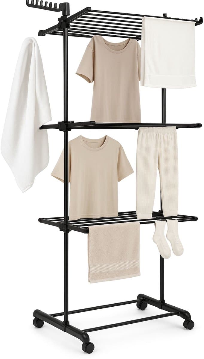 Ceruzo Wasrek Inklapbaar - 75x64x178 cm - Wastoren -Droogtoren Wieltjes -Zwart — afbeelding 1