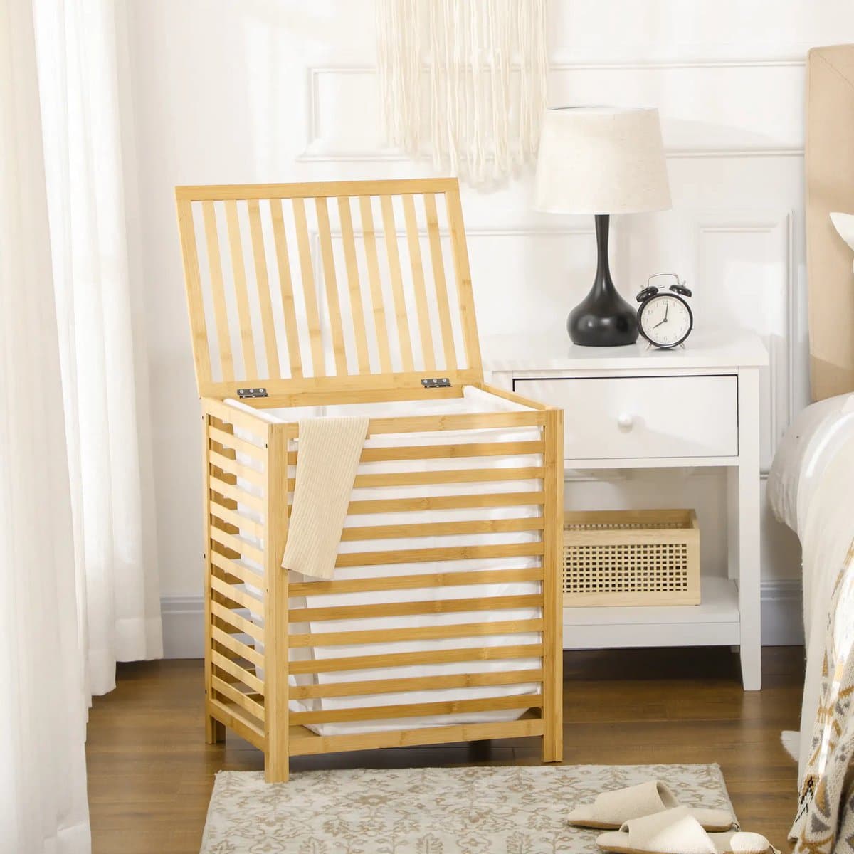 Pugsdrly Wasmand van bamboe, uitneembare waszak, waterbestendig, naturel + beige — afbeelding 1