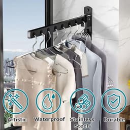 Wandgemonteerd droogrek - Opvouwbaar droogrek voor buiten - 90° draaibare opvouwbare droogrek - Wandgemonteerd droogrek - Wandgemonteerd opvouwbaar droogrek voor balkon, wasruimte, badkamer - Enkele stang opvouwbaar, 8 gaten - Zwart — thumbnail 2