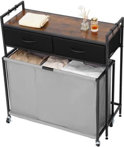 Wasmand van 3 Secties, met Wielen, Organisator met Uittrekbare Zakken, Laden, Haken en Houten Top voor Kleding en Badkameropslag — thumbnail 1