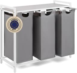 DnA® Wasmand 3 Vakken - Wasmand - Wassorteerder - Wasmand Met Deksel - Grijs/Wit - 36cm x 86cm x 73cm — thumbnail 1