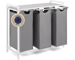 DnA® Wasmand 3 Vakken - Wasmand - Wassorteerder - Wasmand Met Deksel - Grijs/Wit - 36cm x 86cm x 73cm