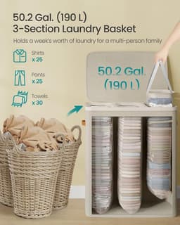 SONGMICS - Wasmand, 190 liter - drie compartimenten - met deksel en handgrepen - uitneembare binnenvoering - eenvoudig te monteren - 64 x 40 x 75 cm - cappuccino beige — thumbnail 5