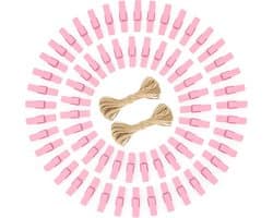 Kleine Houten Wasknijpers Roze - 100 Stuks Fotoklemmen met Jute Touw voor Knutselen