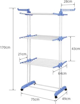 Inklapbaar Droogrek 3 Verdipngen met Wielen - Groot Formaat 75x64x170 cm - Ideaal voor Binnen en Buiten - Blauw/Wit — thumbnail 4
