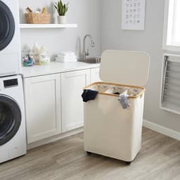 DutchHome Wasmand 3 Vakken 160L met Wielen en Deksel - Wassorteerder Beige — thumbnail 3
