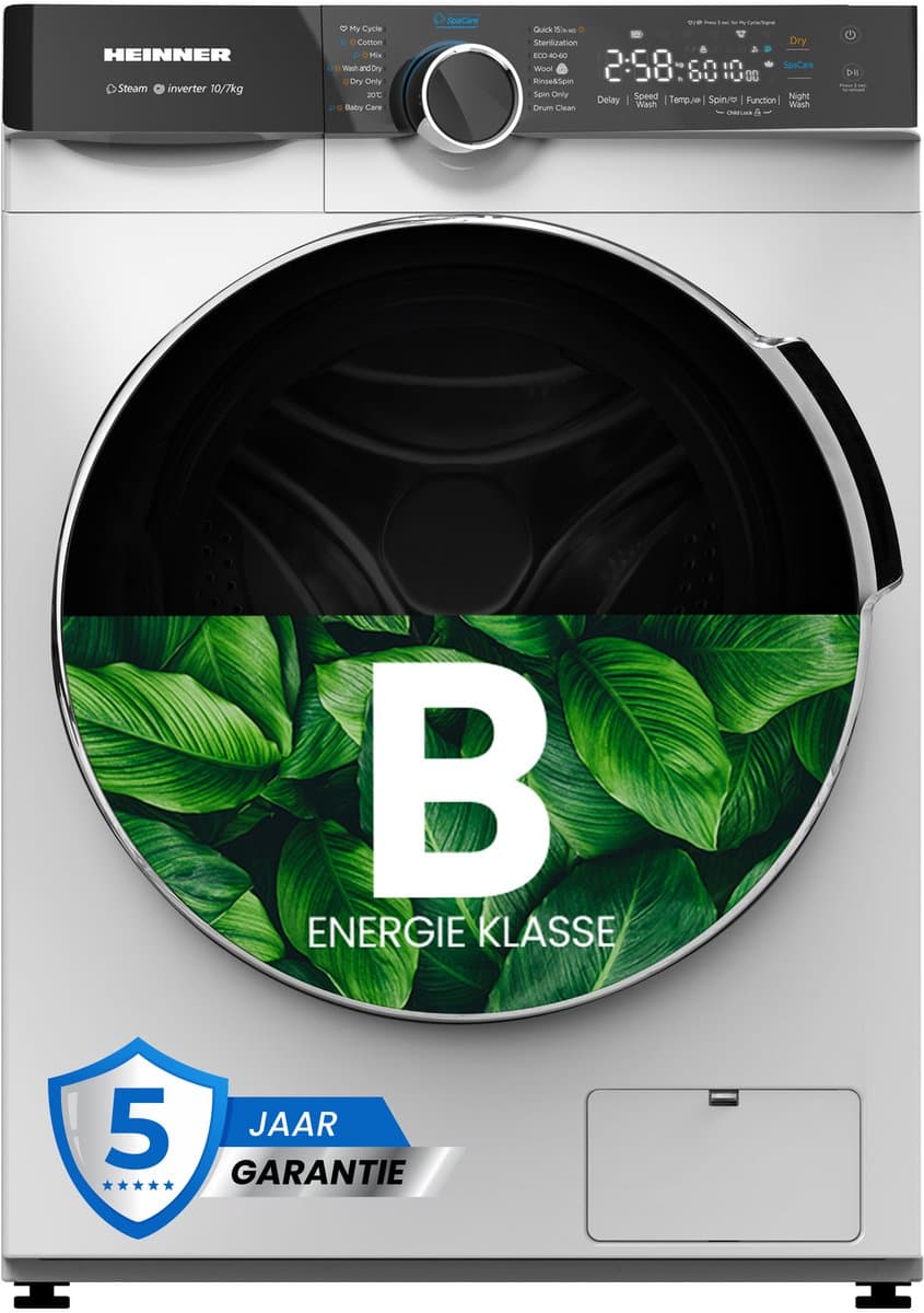 Heinner HWDM-M1014IVKB Was-droogcombinatie - 10 kg Wassen / 7 kg Drogen - 1500 tpm - Energieklasse B - Inverter Motor - 1-Uurs Wassen & Drogen - Kreukbescherming - 5 Jaar Garantie - Wit — afbeelding 1