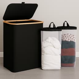 Wasmand met deksel - 140L - 2 Vakken - Duurzaam - Ruimtebesparend - Stijlvol - Zwart — thumbnail 2