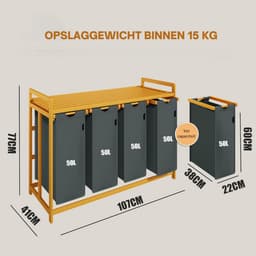 Aurixi® Wassorteerder 4 vakken - Wasmand 4 vakken 200 Liter - Wasmand Met Opbergplank –Grijs - 103cm x 42cm x 77cm — thumbnail 2