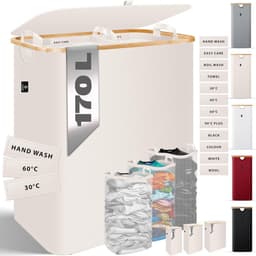 Wasmand met deksel en 3 uitneembare waszakken, 2 vakken, opvouwbaar, 170 liter, wasbox, wassorteerder — thumbnail 1