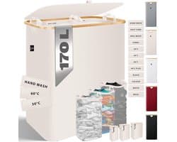 Wasmand met deksel en 3 uitneembare waszakken, 2 vakken, opvouwbaar, 170 liter, wasbox, wassorteerder