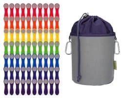 Kleurrijke wasknijpers met roestvrijstalen veren en canvas opbergtas