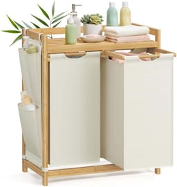 Dubbele compartiment wasmand Grote capaciteit 2x50L Voor gesorteerd opbergen Met plank, zijvak en afneembare waszak Stevig bamboe frame Voor thuis, slaapkamer en woonkamer 63x33x78cm naturel+wit — thumbnail 4