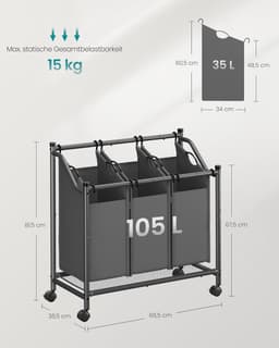 Wasmand – Met wielen – 3x45L – Leigrijs — thumbnail 2