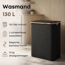 ACAZA Wasmand Met Deksel - 2 Vakken - 130 L - Bamboe - 52 x 38,5 x 70,5 cm - Zwart — thumbnail 2