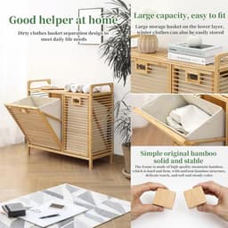 Grote Bamboe Wasmand - Kast Met Bakken - Kleding Sorteren - Uitneembare Stoffen Bakken - 97x30x72cm - Natuurlijk Bamboe — thumbnail 5