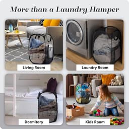 Wasmand - Opvouwbare waszak van mesh - Opvouwbare wasmand - Met handvat en zijvakken - Opvouwbare speelgoedorganizer, Perfect voor kinderkamers, studentenhuizen, reizen - Zwart — thumbnail 2