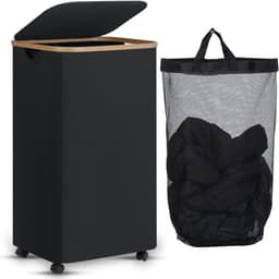 Wasmand op Wielen – 110 Liter – Opvouwbaar – Wasmand Stof - Laundry Basket - Met Deksel & Handvaten - Bamboe - Incl. Waszak - Zwart — thumbnail 1
