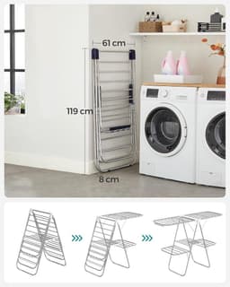 2-Tier Stainless Steel Clothes Dryer with Height Adjustable Wings - Freestanding Drying Rack for Socks, Bed Linen, and Clothing - Foldable and Stable - Blue - 156 x 61 x 113 cm — thumbnail 2