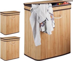 3x wasmand met deksel - 2 vakken - bamboe wasbox - mand voor wasgoed - natuur — thumbnail 4
