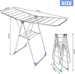 Kleding Airer, Opvouwbare Kleding Droogrek, 1.5M Zilver Wasdroger Rack, Roestvrij Staal Gevleugelde Kleding Paard Airer voor Indoor Outdoor — thumbnail 5